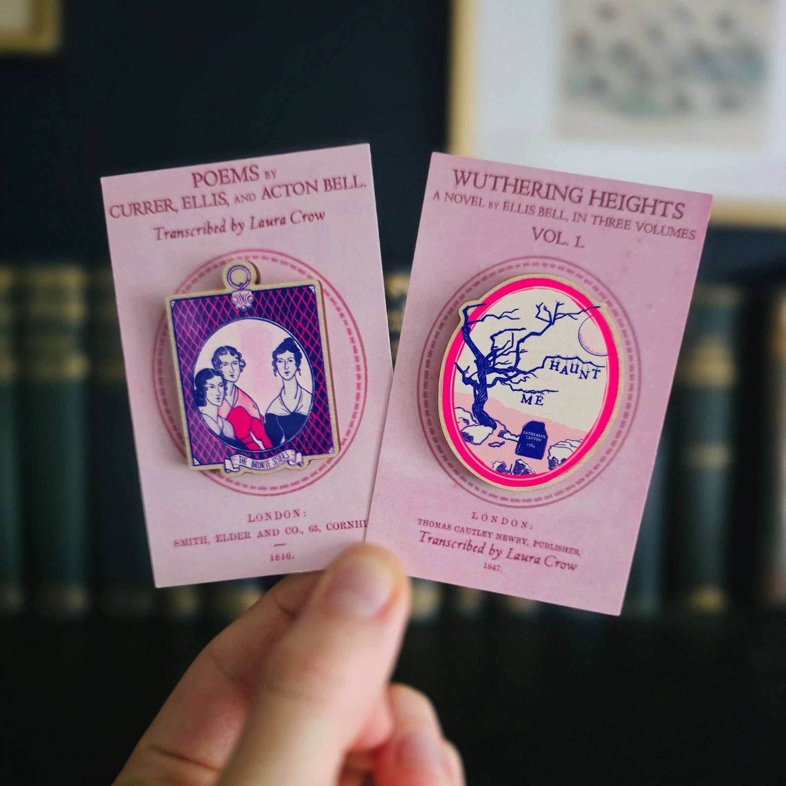 Brontë Sisters Pink Portrait Wooden Pin Badge BookGeek