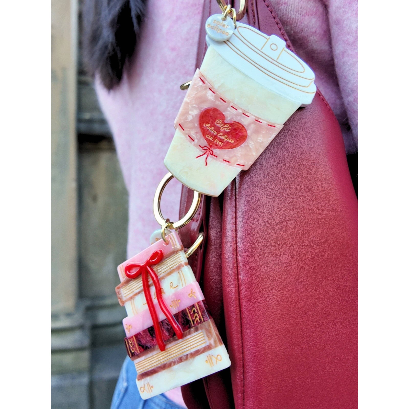 Hand-painted Bow Bookstack Bag Charm + Keychain BookGeek