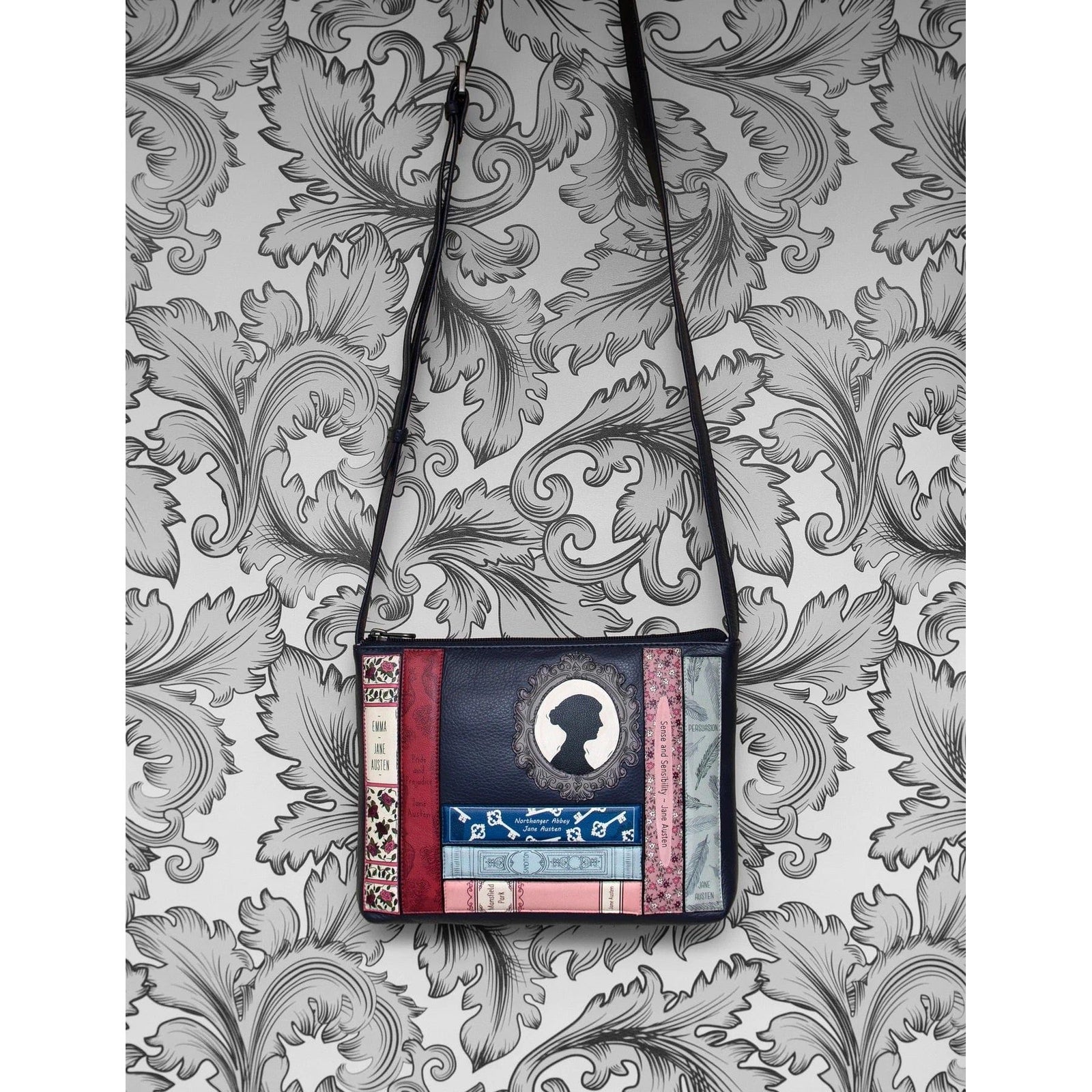 Jane Austen Bookworm Navy Leather Cross Body Bag BookGeek