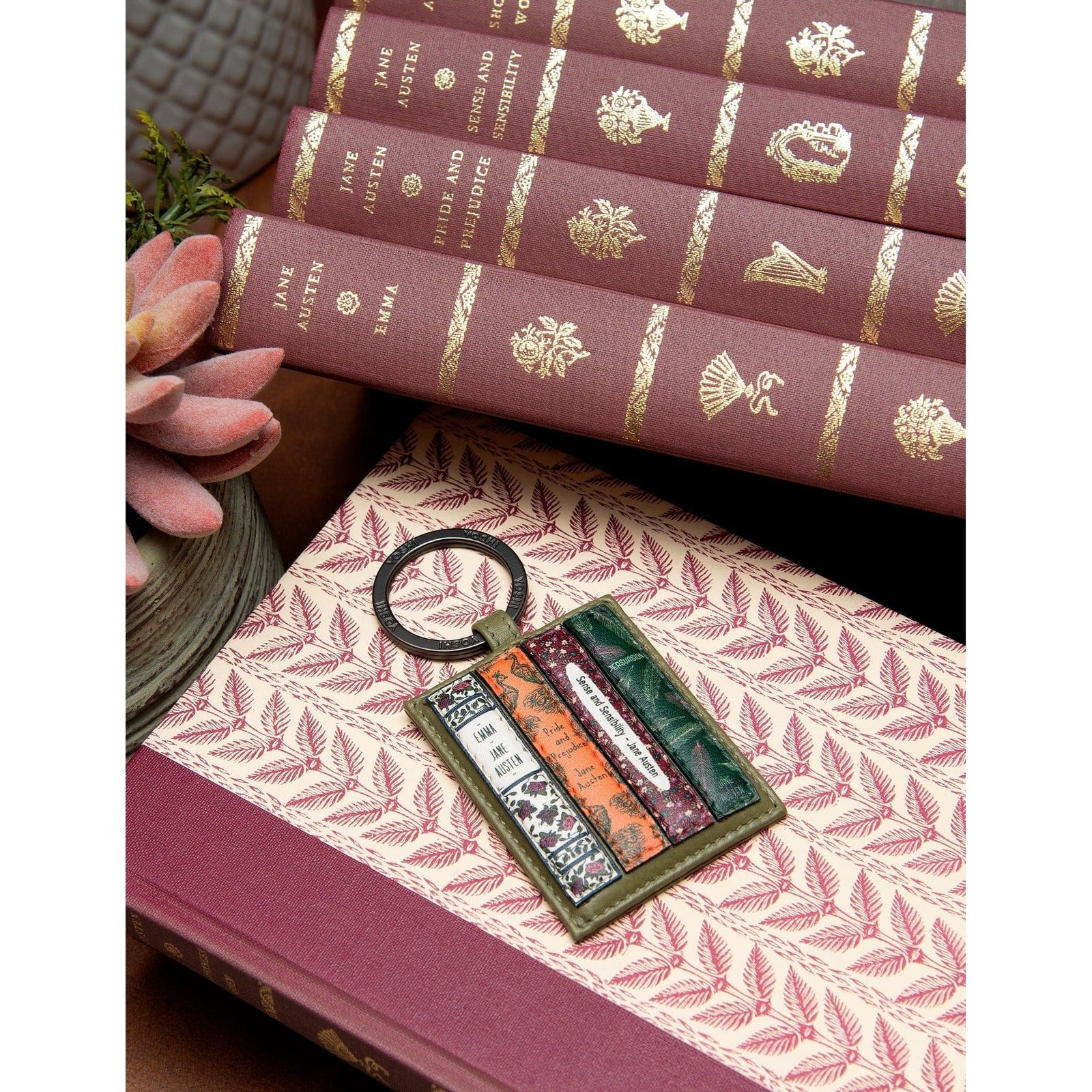 Jane Austen Bookworm Olive Leather Keyring BookGeek