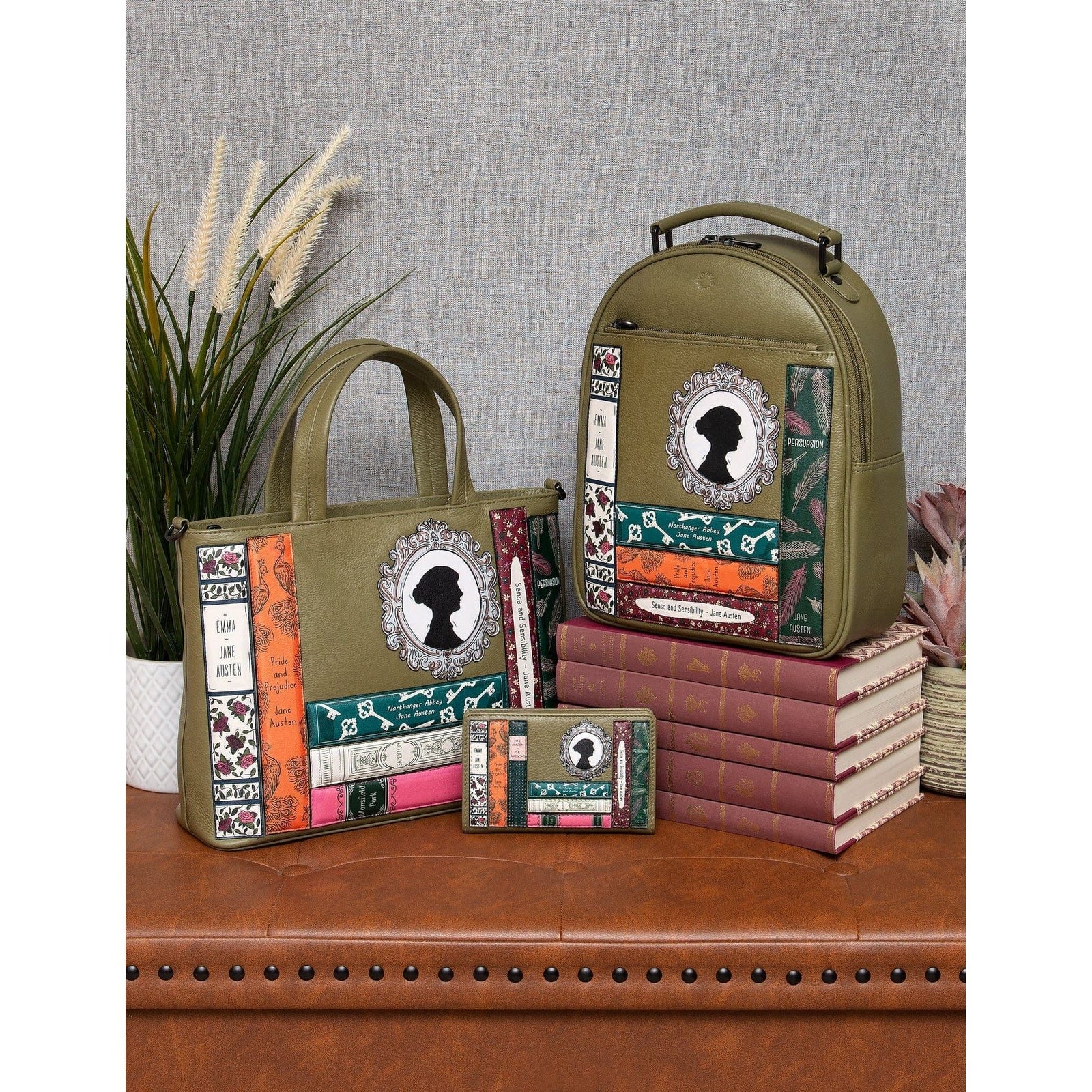 Jane Austen Bookworm Olive Leather Multiway Grab Bag BookGeek