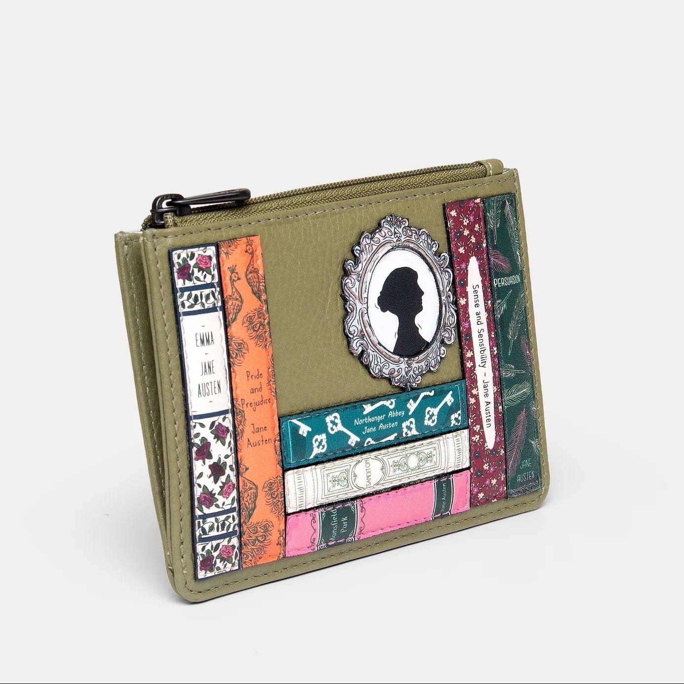Jane Austen Bookworm Olive Leather Zip Top Purse BookGeek