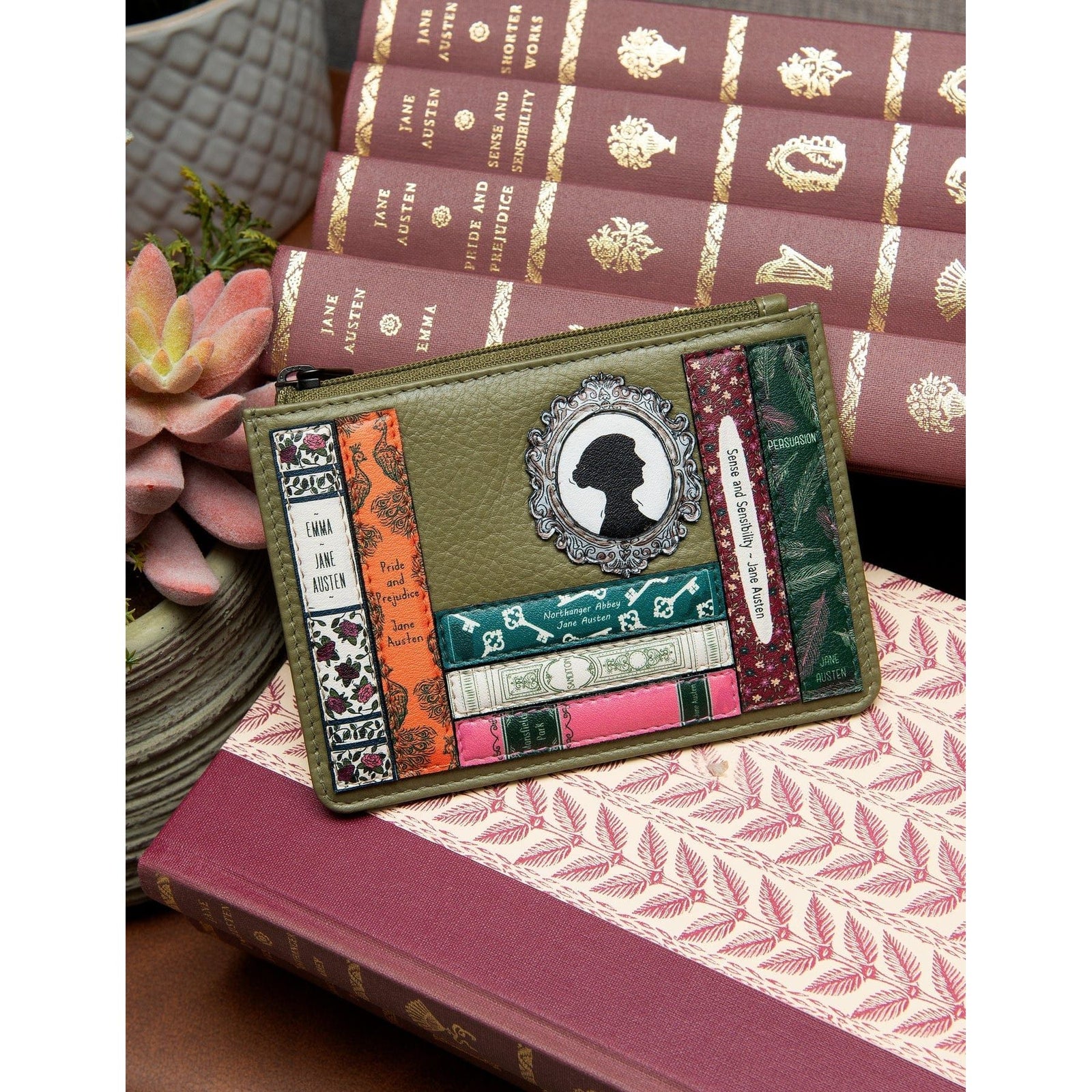 Jane Austen Bookworm Olive Leather Zip Top Purse BookGeek