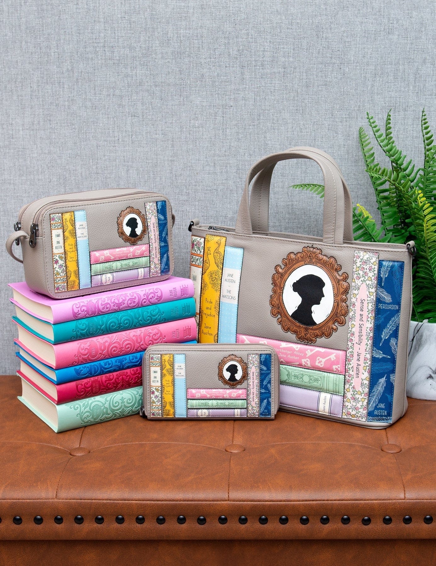 Jane Austen Bookworm Warm Grey Leather Multiway Grab Bag BookGeek