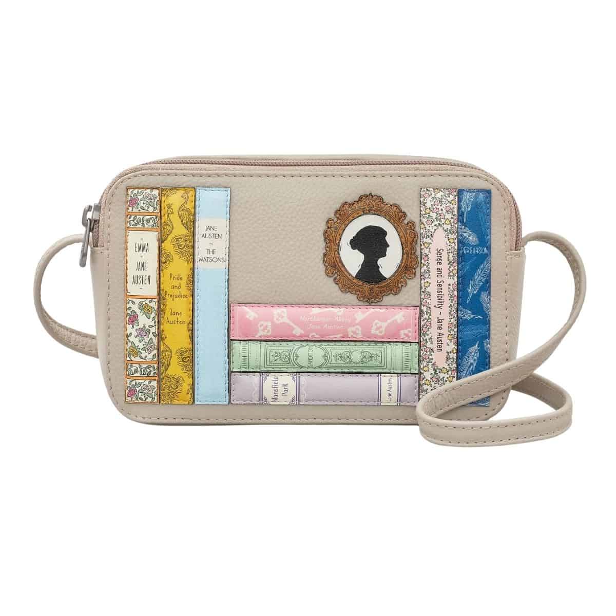 Jane Austen Bookworm Warm Grey Leather Porter Cross Body Bag BookGeek