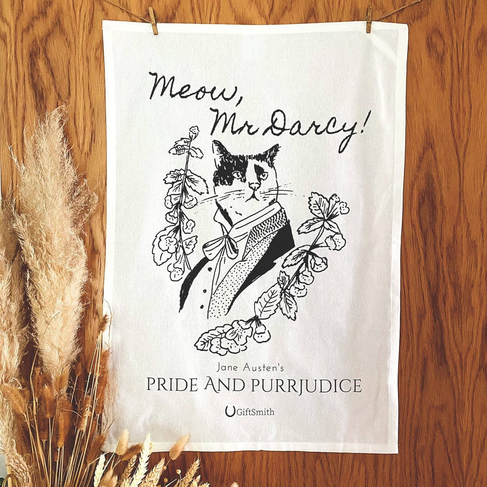 Meow, Mr Darcy! Fairtrade Cotton Literary Cat Tea Towel BookGeek