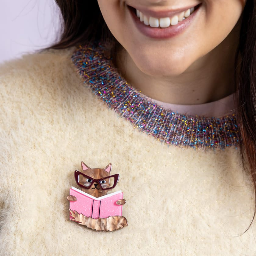 Puss in Books Brooch BookGeek