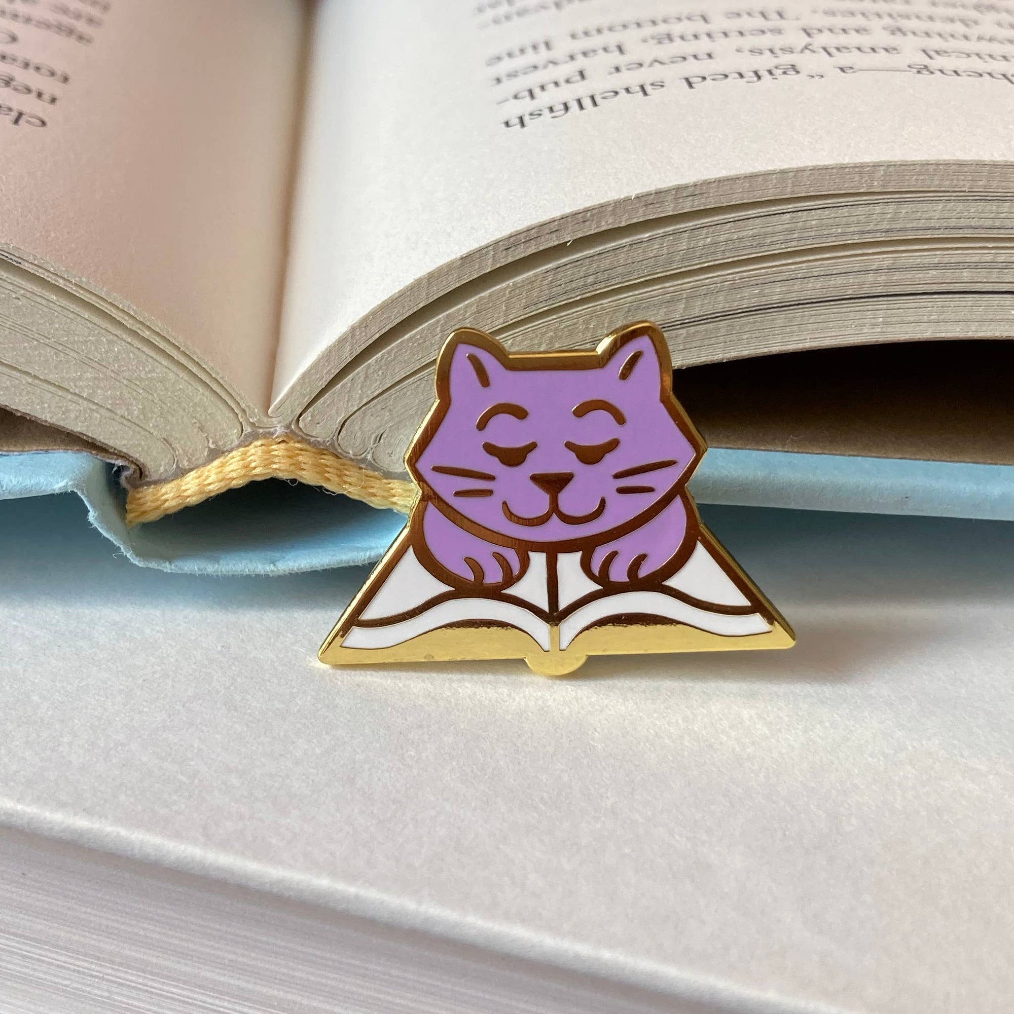 gold metal / lavender Book Cat Enamel Pin BookGeek