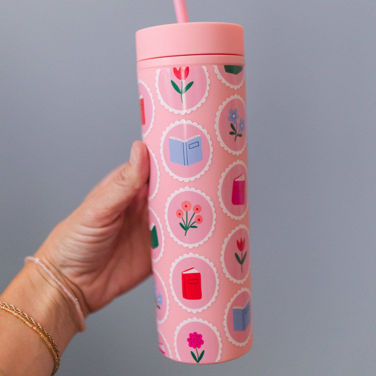 Book Lover Floral 16oz Skinny Acrylic Tumbler - Pink BookGeek