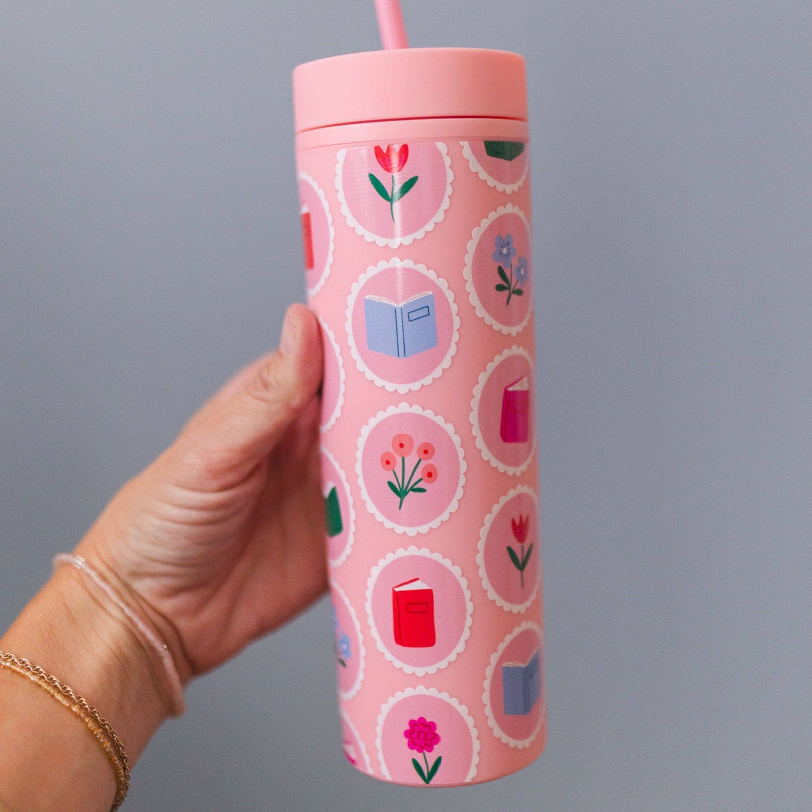Book Lover Floral 16oz Skinny Acrylic Tumbler - Pink BookGeek