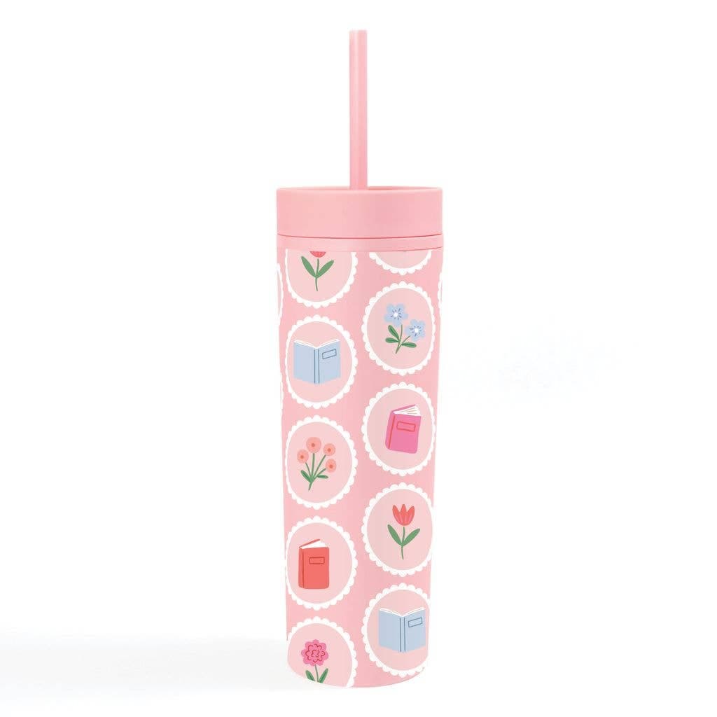 Book Lover Floral 16oz Skinny Acrylic Tumbler - Pink BookGeek