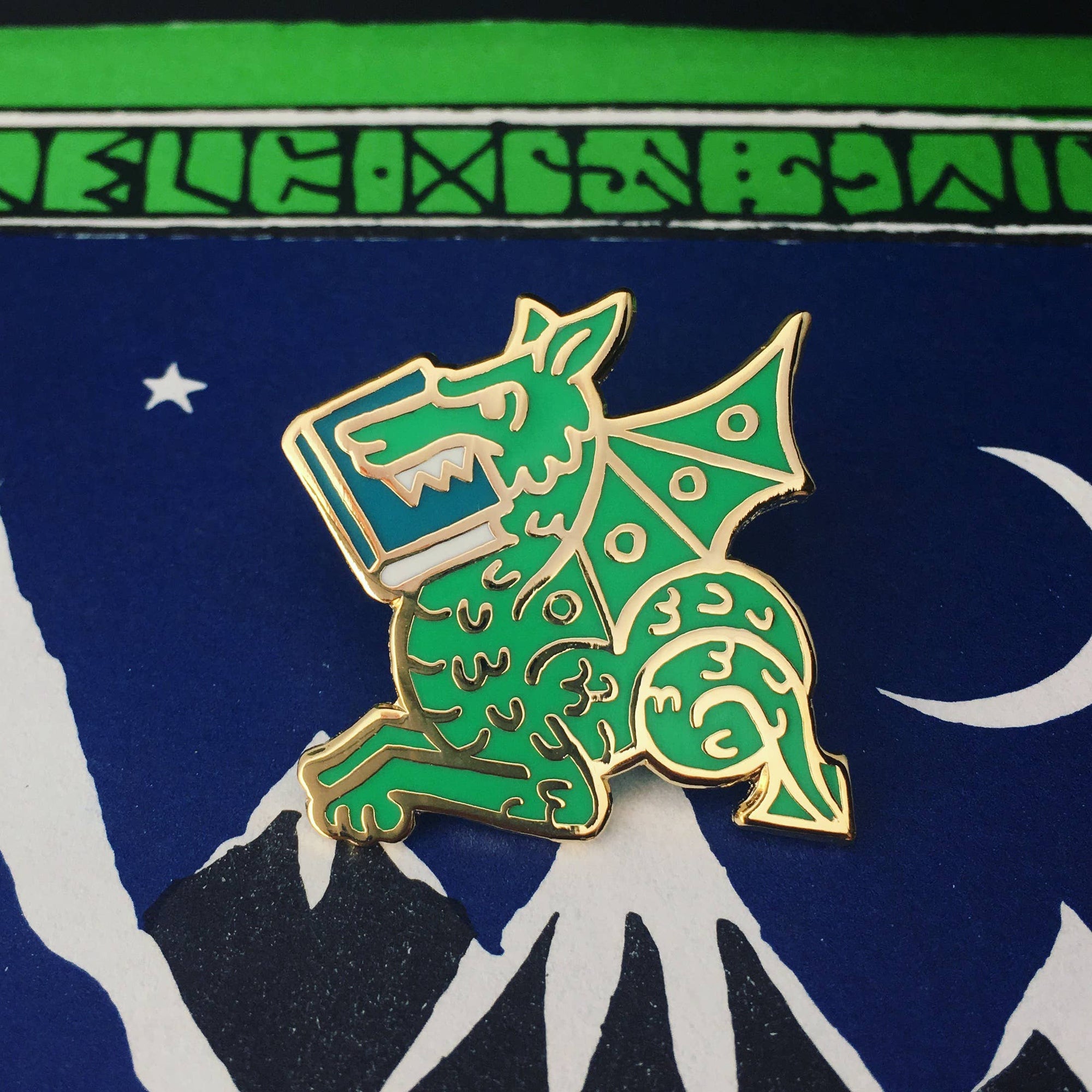 green Book Wyrm enamel pin - Book Dragon pin in 4 colors BookGeek