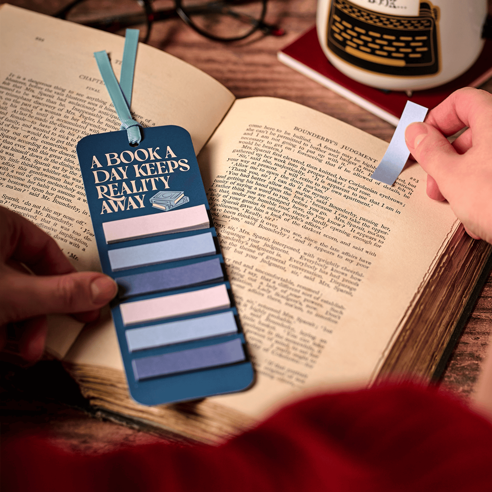 Bookmark with sticky tabs – A Book a Day Keeps Reality Away BookGeek