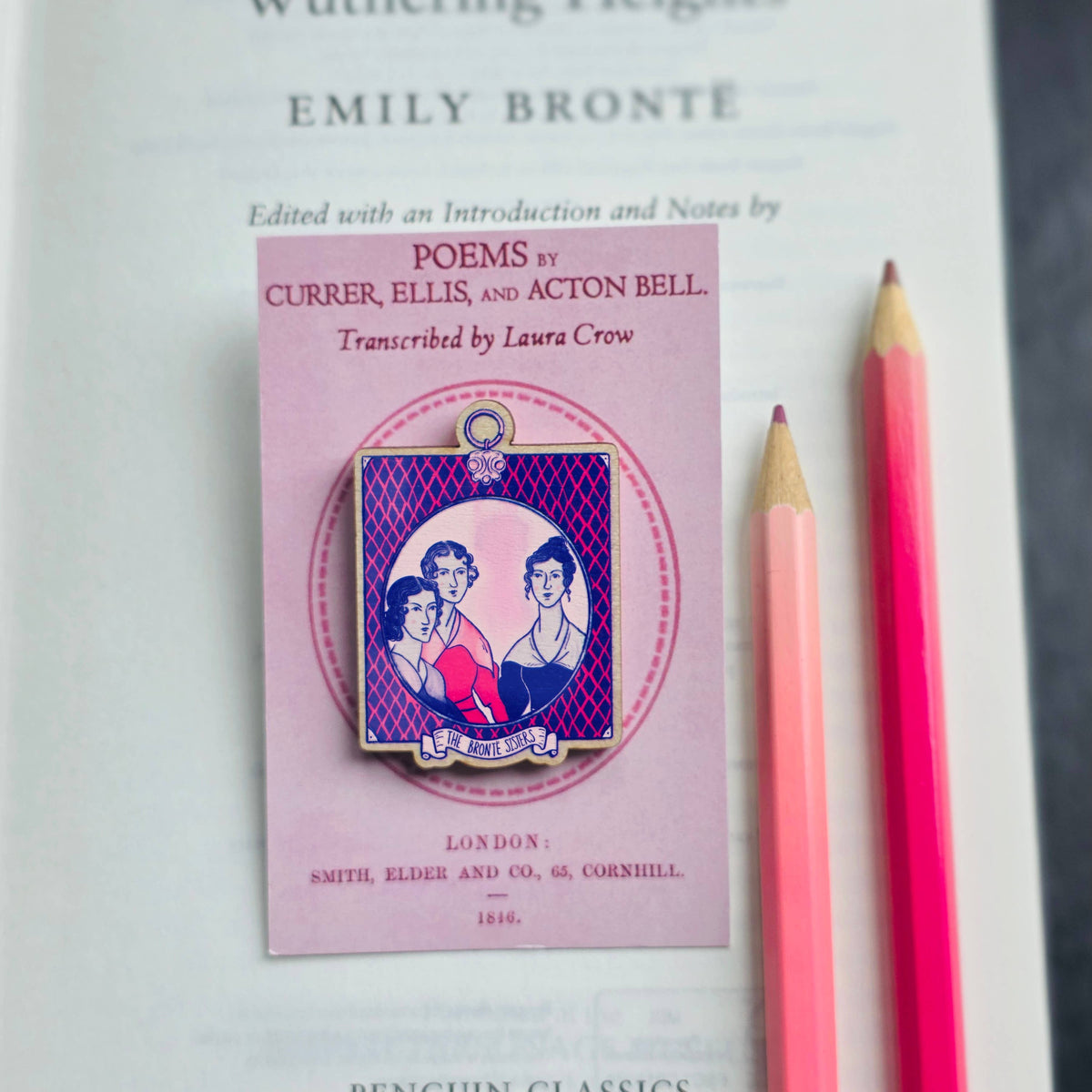 Brontë Sisters Pink Portrait Wooden Pin Badge BookGeek