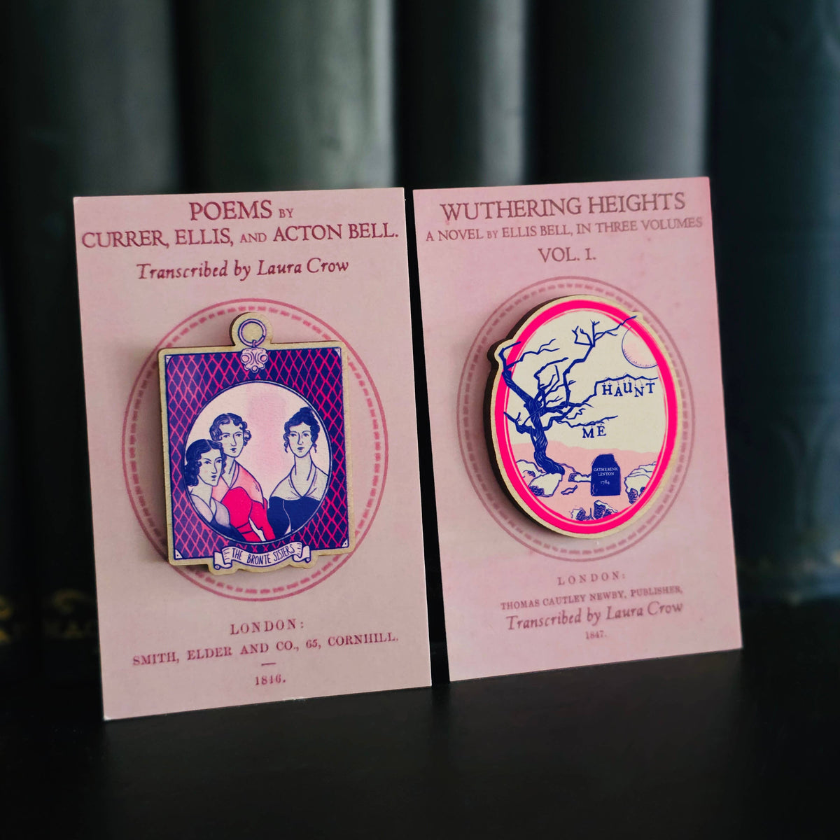 Brontë Sisters Pink Portrait Wooden Pin Badge BookGeek
