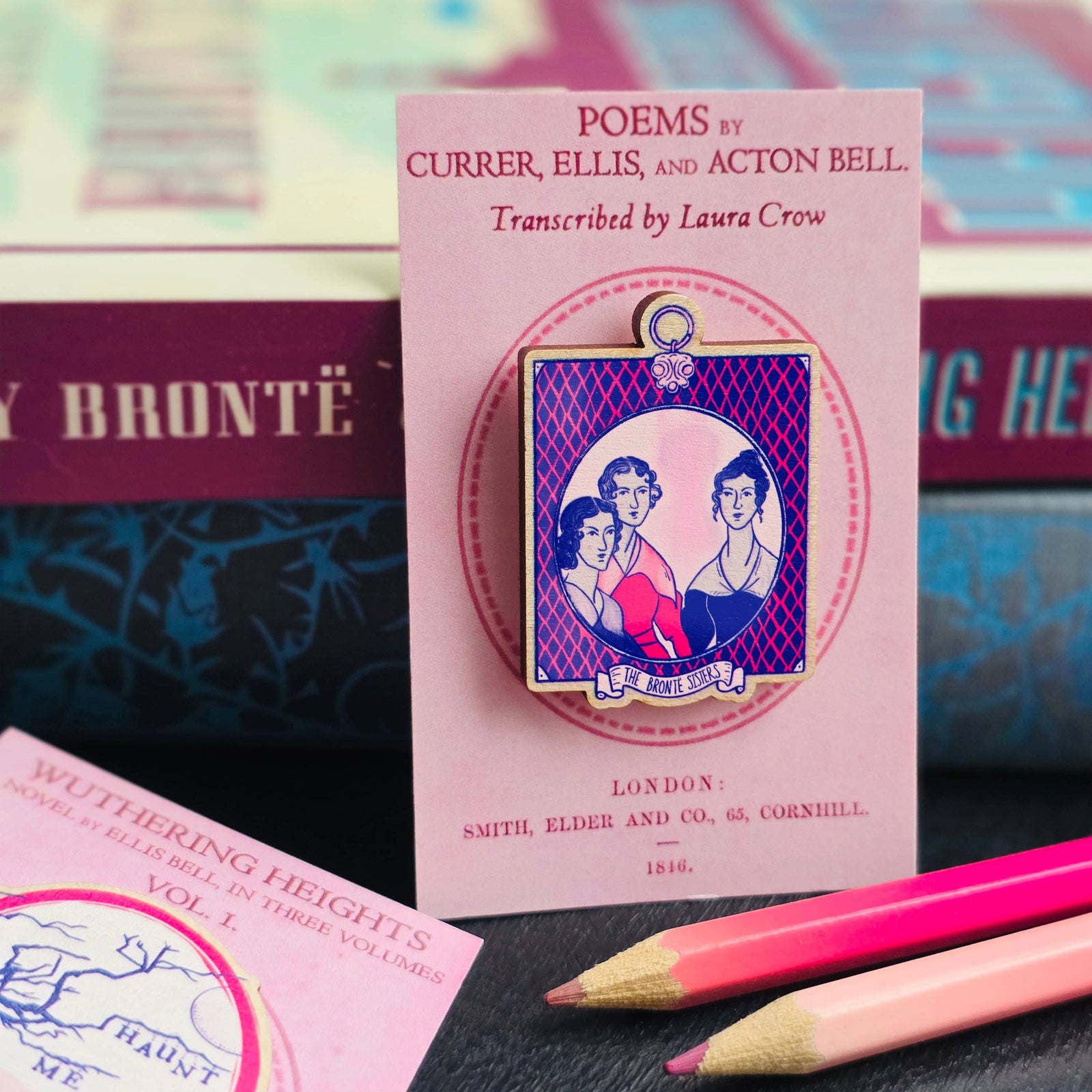 Brontë Sisters Pink Portrait Wooden Pin Badge BookGeek