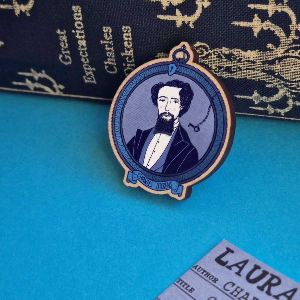 Charles Dickens Portrait Wooden Pin Badge BookGeek
