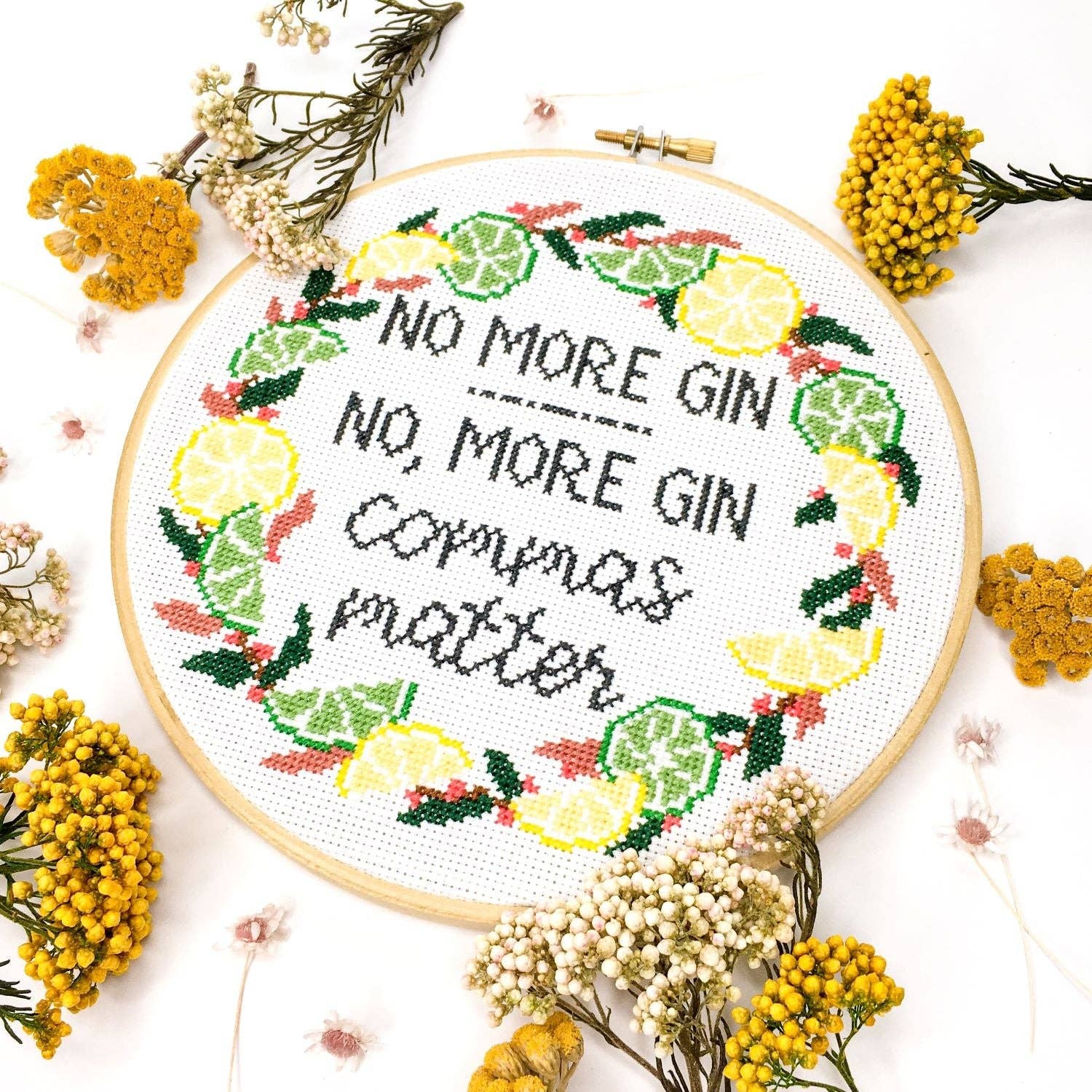 With embroidery hoop Commas Matter Counted Cross Stitch Kit BookGeek