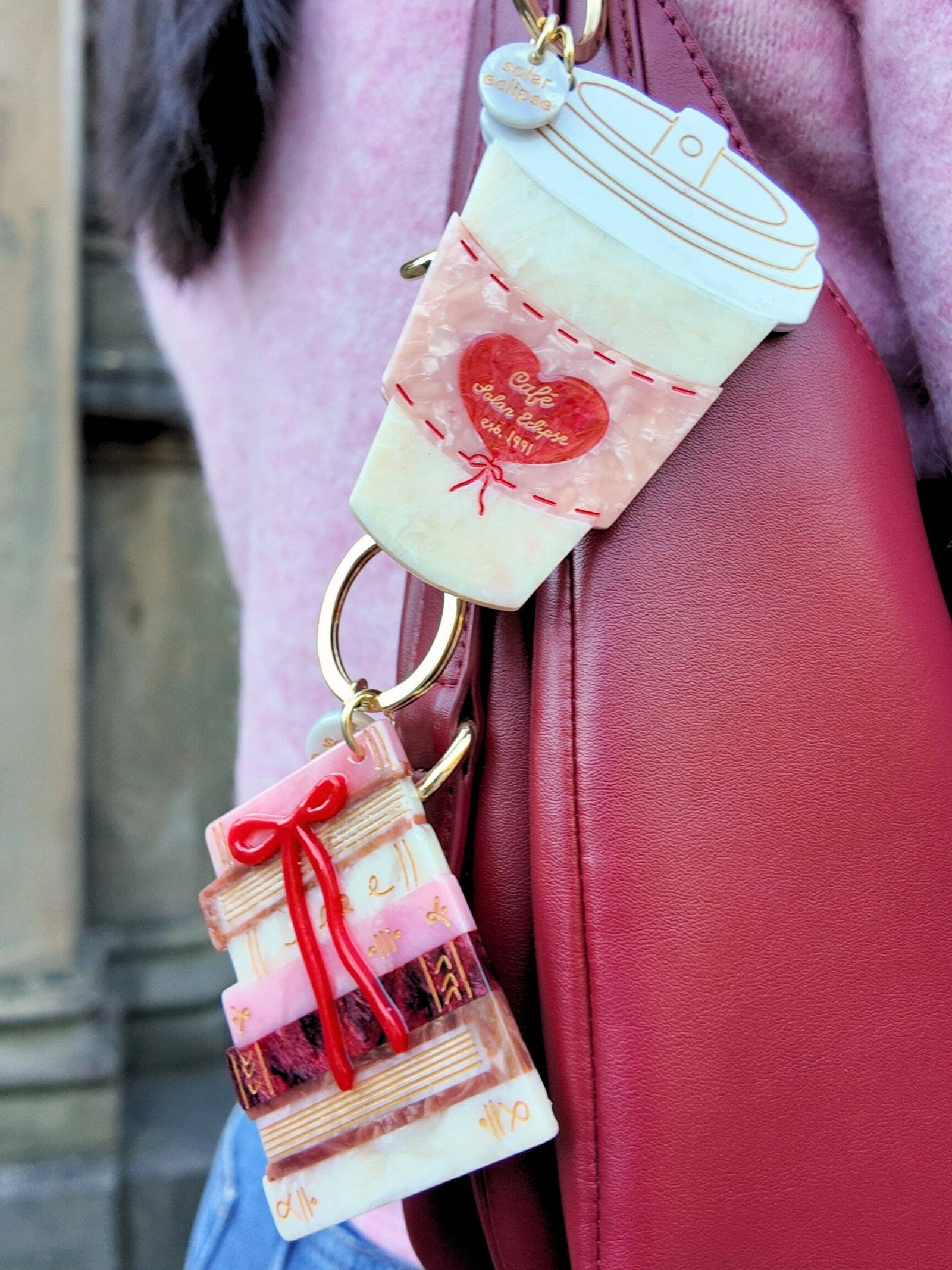 Hand-painted Bow Bookstack Bag Charm + Keychain BookGeek