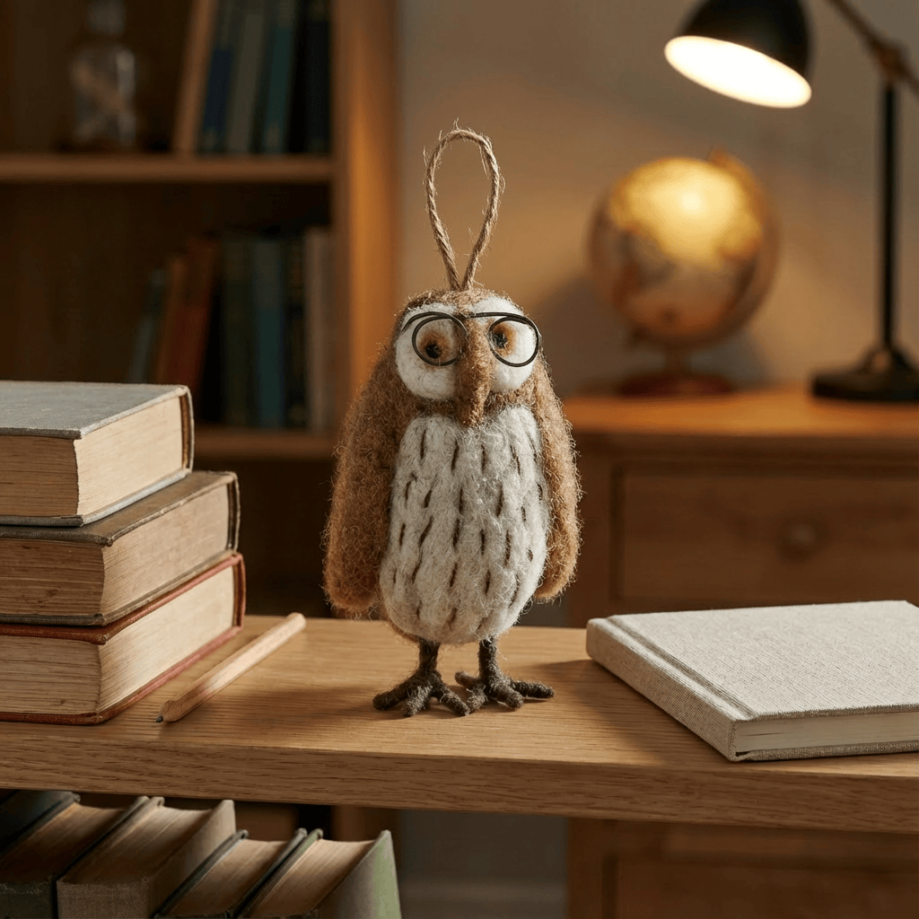 Handmade Felt Wilson the Wise Owl Hanging Bird Decoration BookGeek