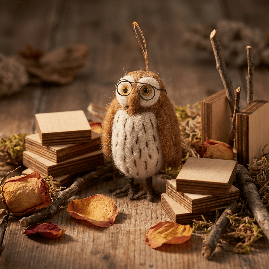 Handmade Felt Wilson the Wise Owl Hanging Bird Decoration BookGeek