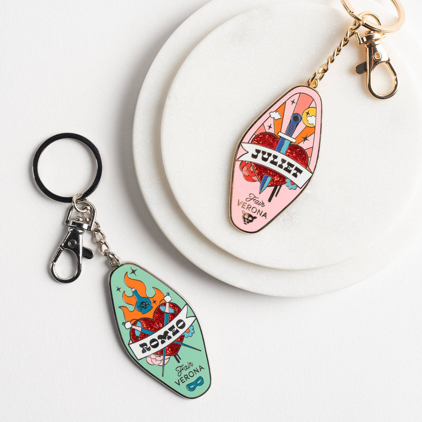 His and Her Romeo + Juliet Key Ring Set motel style Keychain BookGeek
