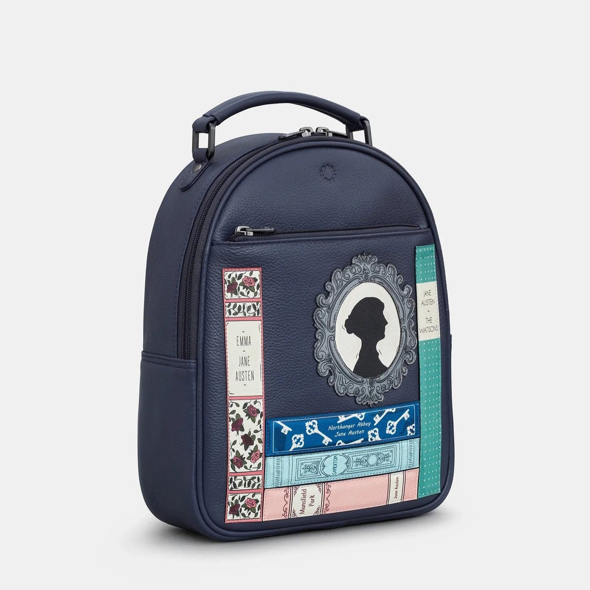 Jane Austen Bookworm Navy Leather Backpack BookGeek