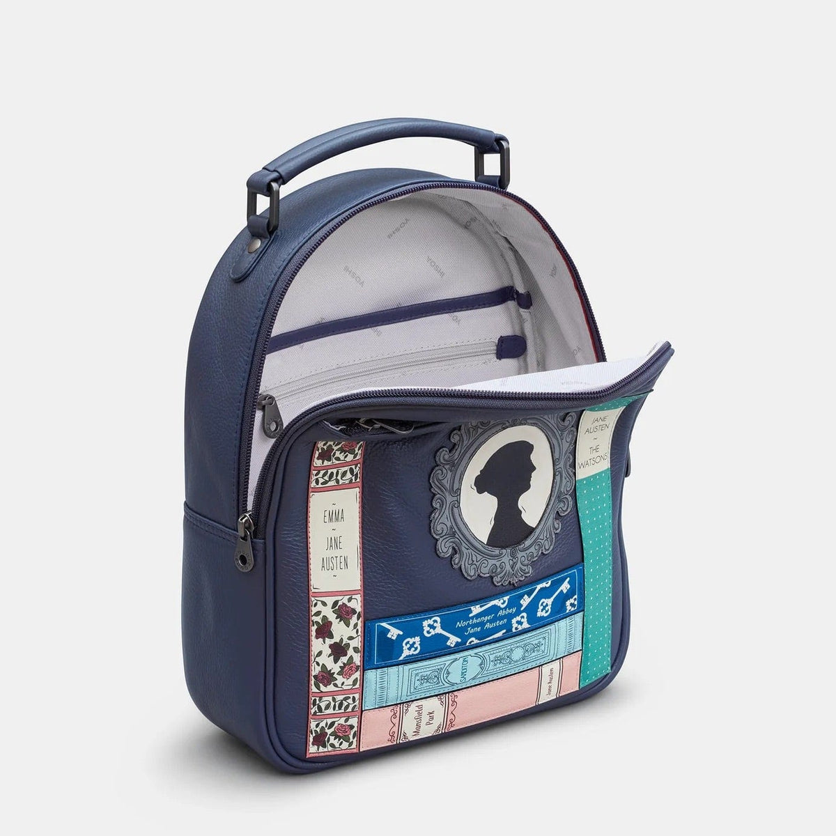 Jane Austen Bookworm Navy Leather Backpack BookGeek
