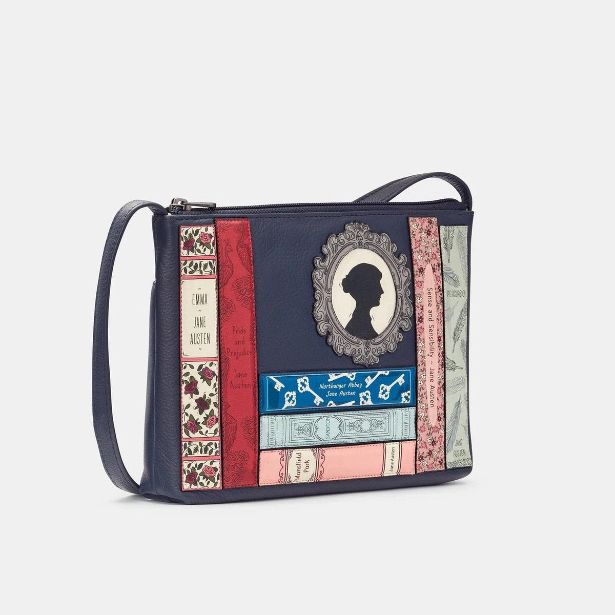 Jane Austen Bookworm Navy Leather Cross Body Bag BookGeek