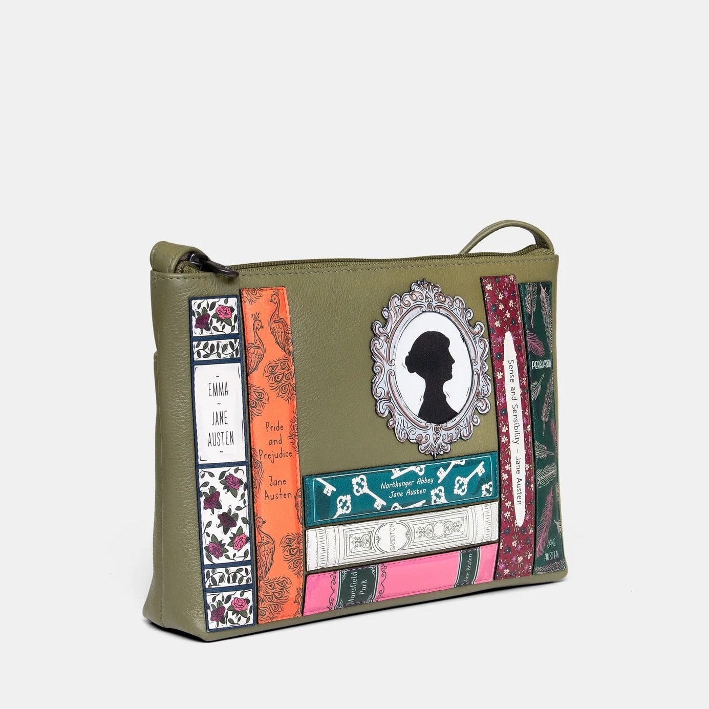 Jane Austen Bookworm Olive Leather Cross Body Bag BookGeek