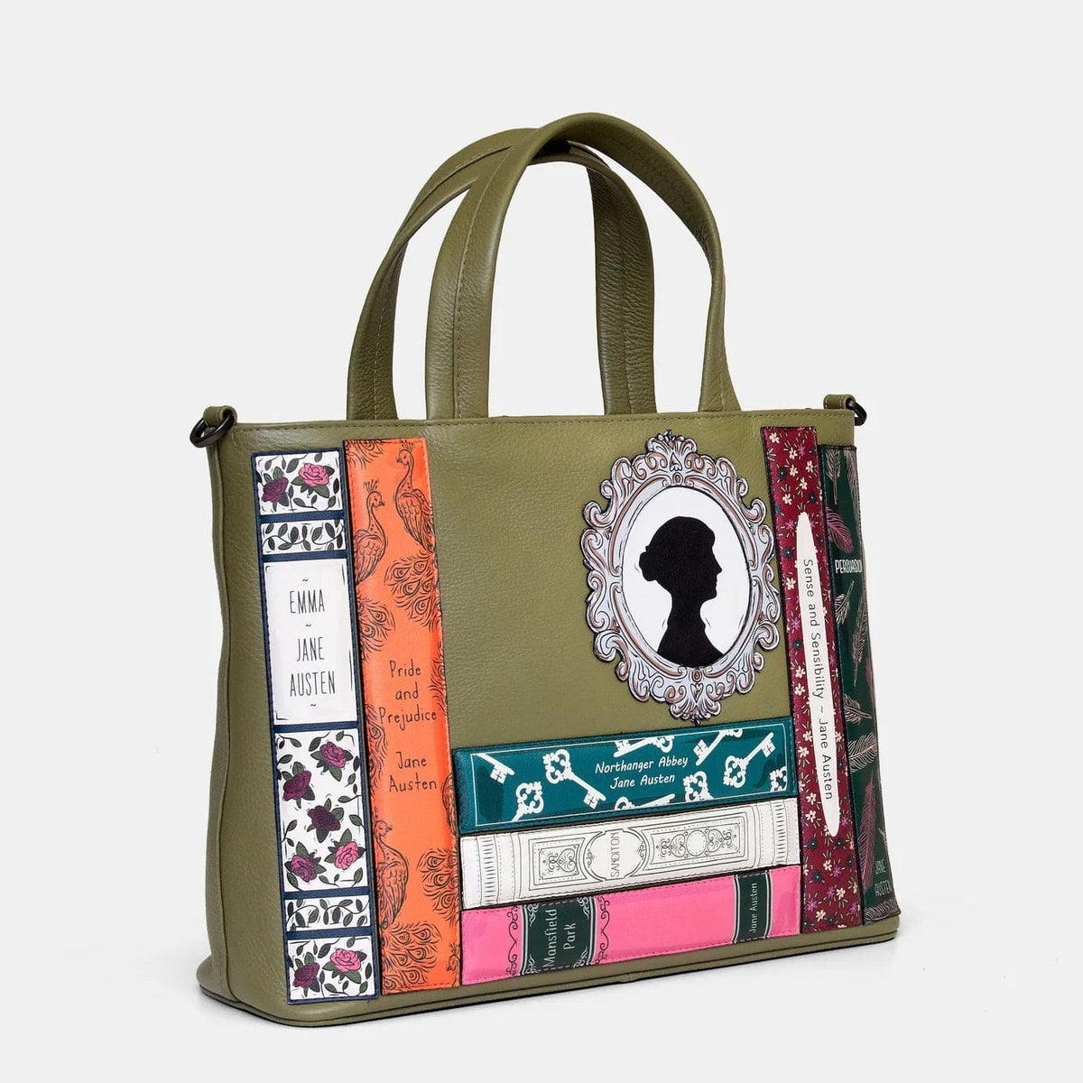 Jane Austen Bookworm Olive Leather Multiway Grab Bag BookGeek