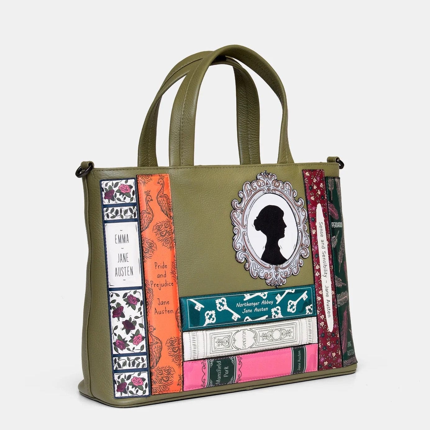 Jane Austen Bookworm Olive Leather Multiway Grab Bag BookGeek