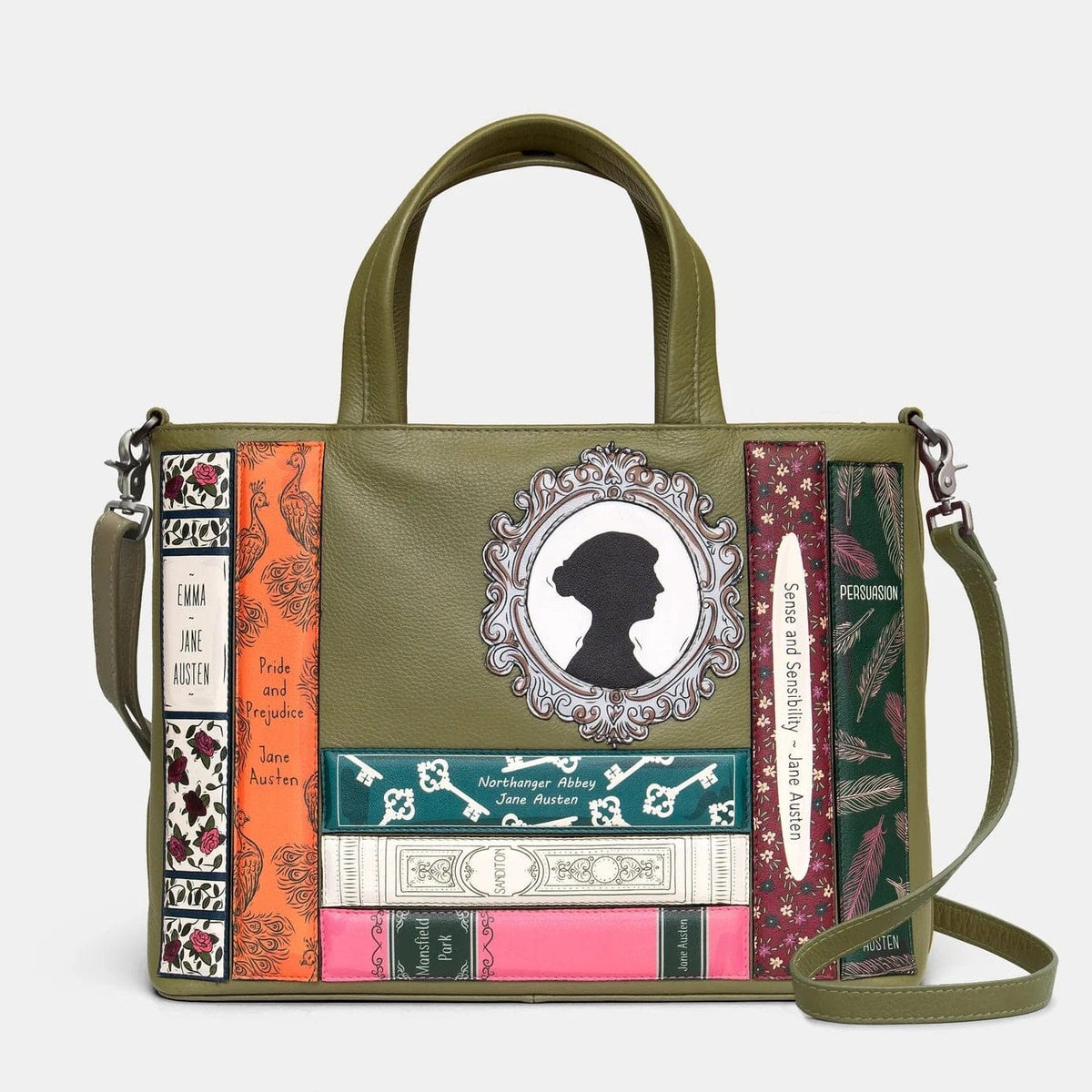 Jane Austen Bookworm Olive Leather Multiway Grab Bag BookGeek