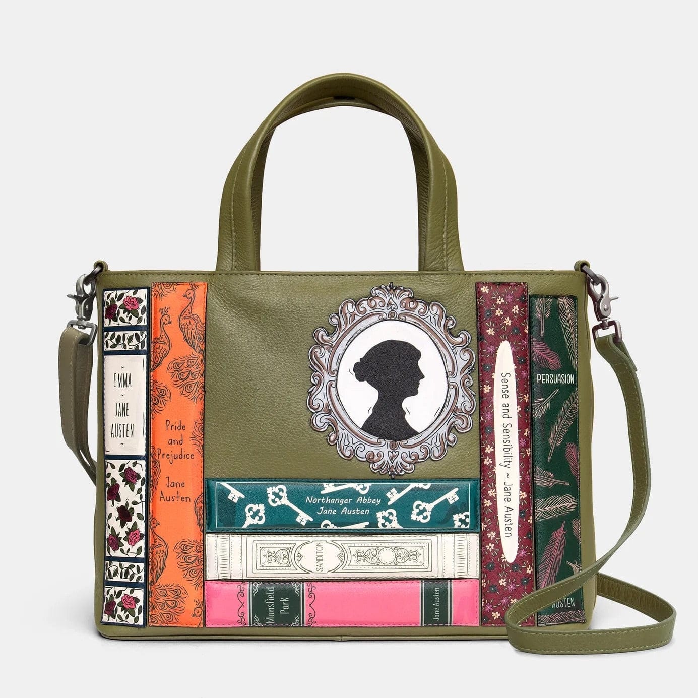Jane Austen Bookworm Olive Leather Multiway Grab Bag BookGeek