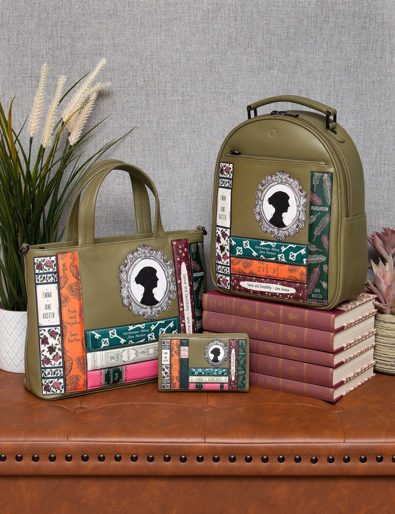 Jane Austen Bookworm Olive Leather Multiway Grab Bag BookGeek
