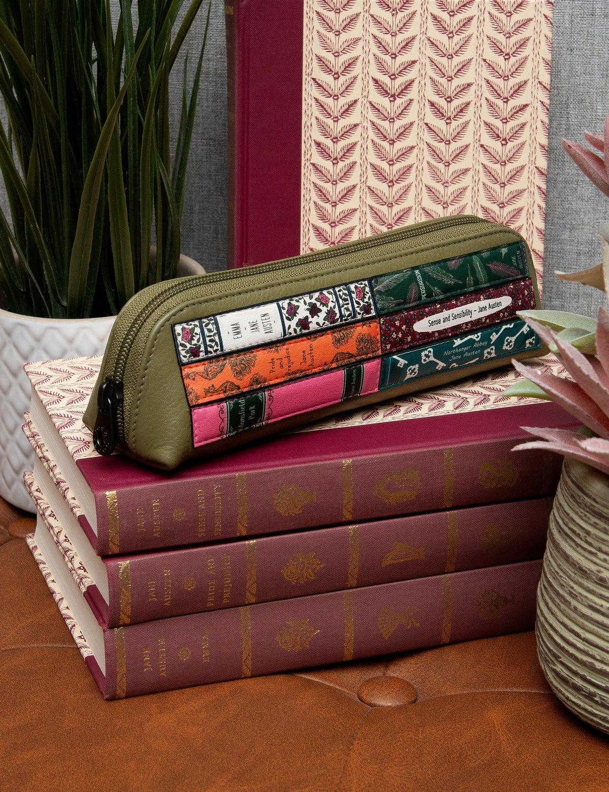 Jane Austen Bookworm Olive Leather Pencil Case BookGeek