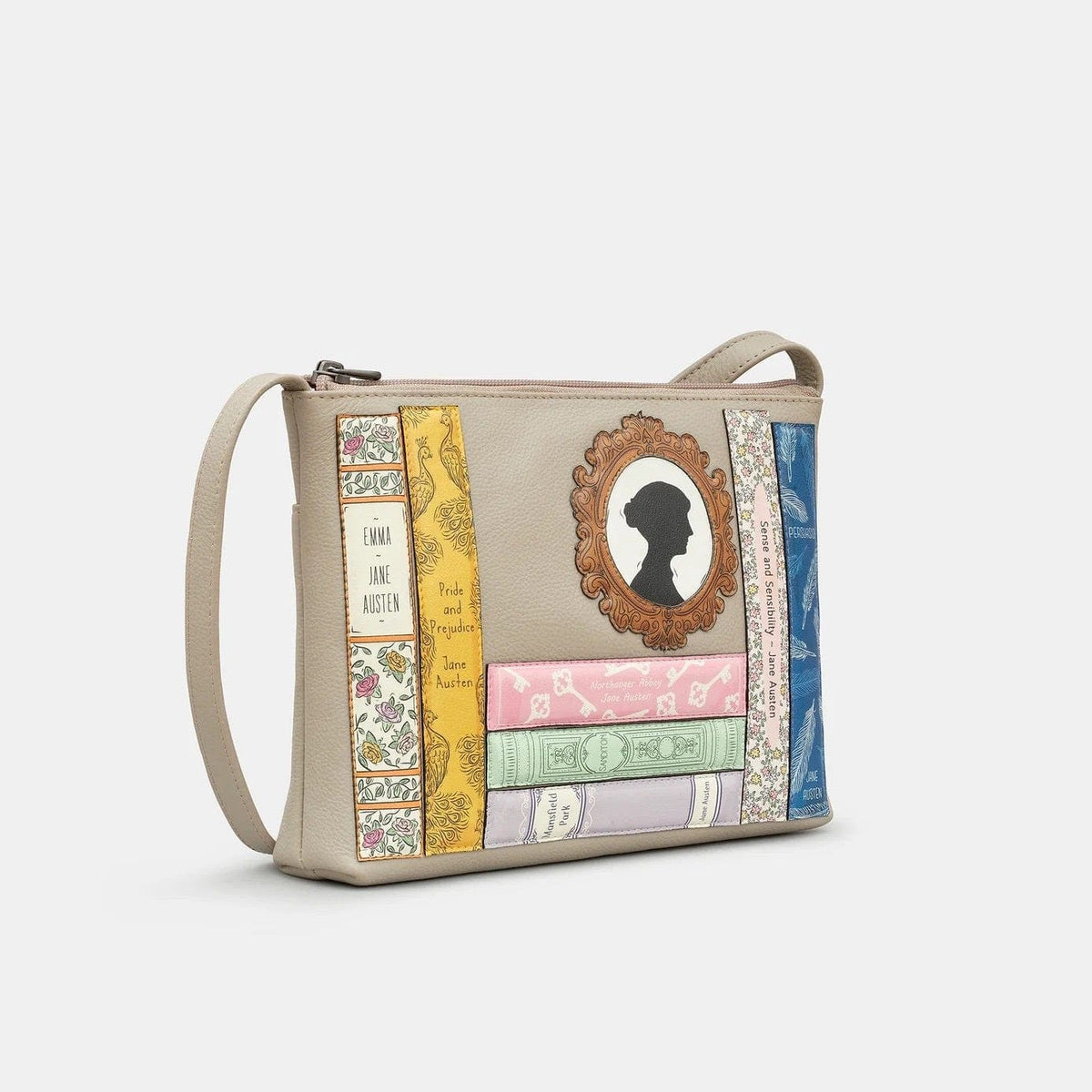 Jane Austen Bookworm Warm Grey Leather Cross Body Bag BookGeek