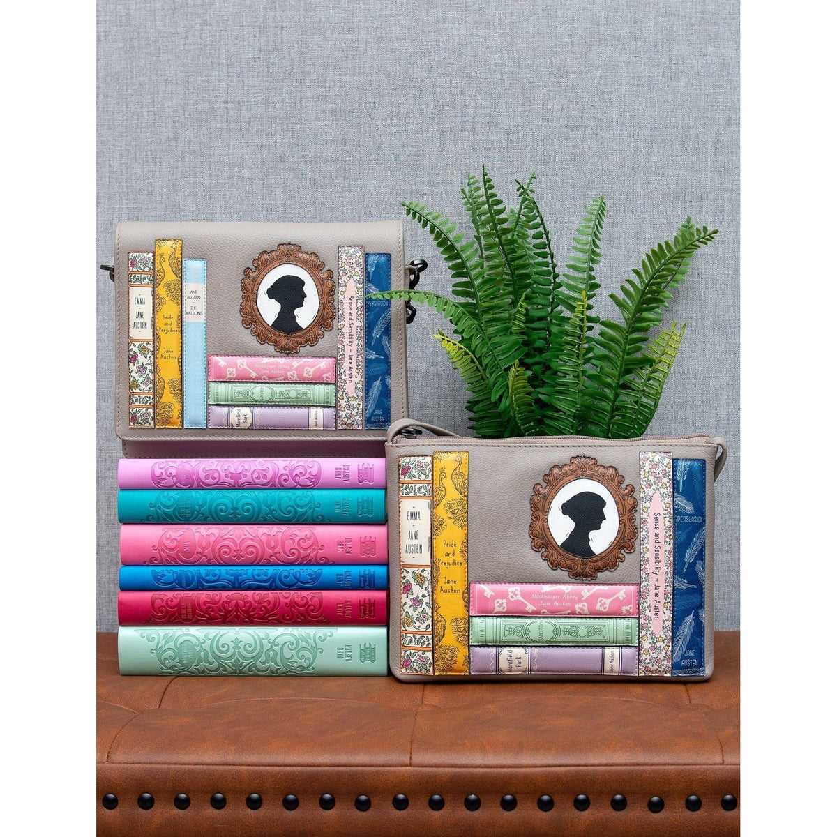Jane Austen Bookworm Warm Grey Leather Cross Body Bag BookGeek