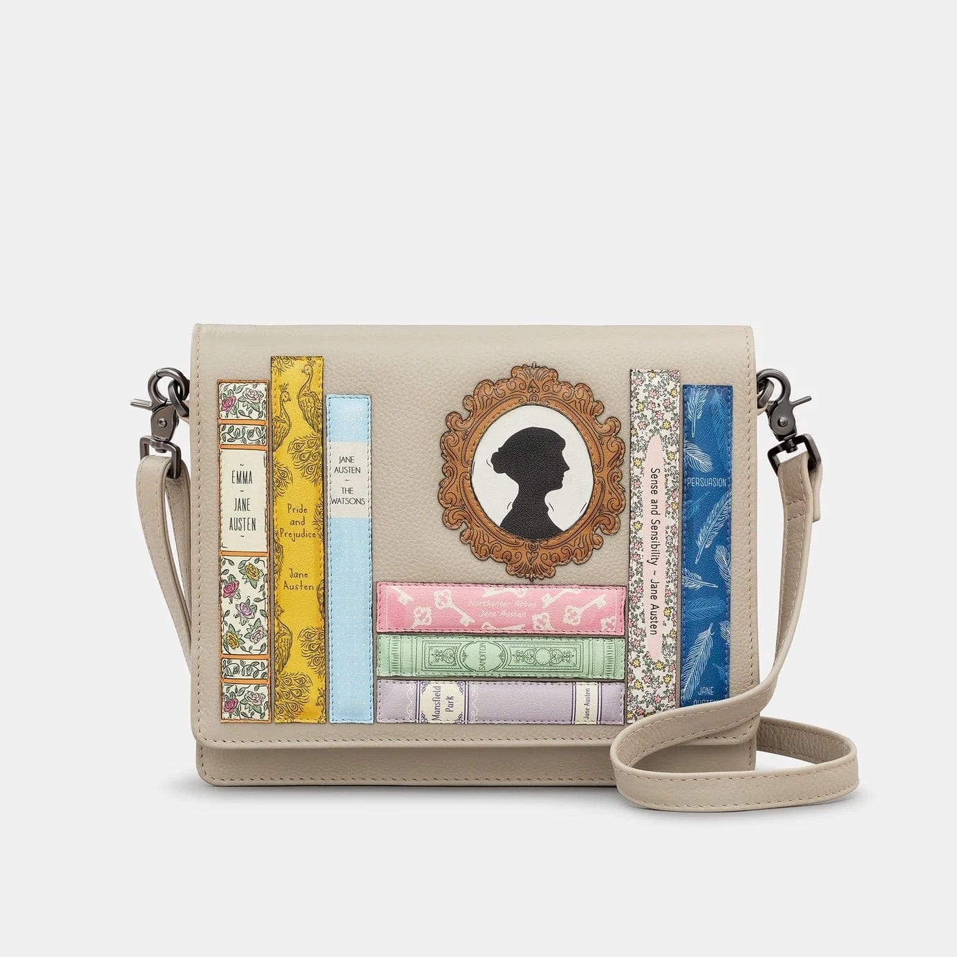 Jane Austen Bookworm Warm Grey Leather Flap Over Cross Body Bag BookGeek