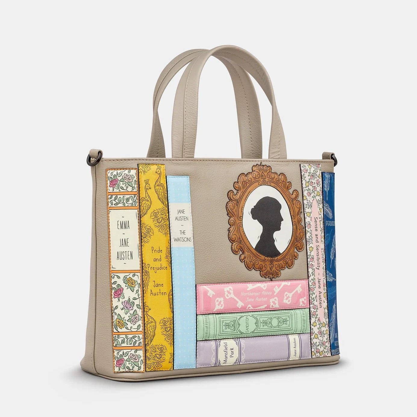 Jane Austen Bookworm Warm Grey Leather Multiway Grab Bag BookGeek
