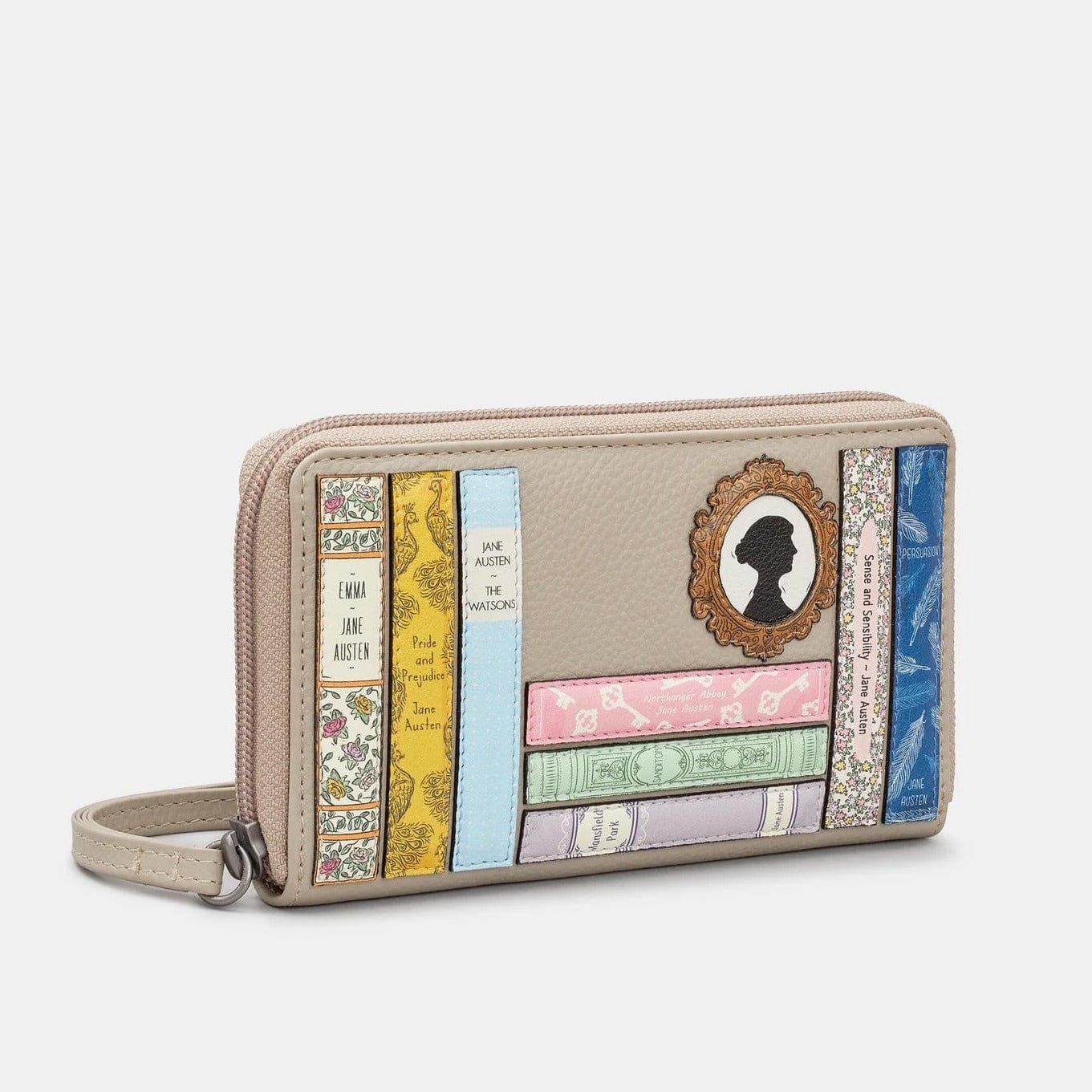 Jane Austen Grey Bookworm Zip Around Purse with Wrist Strap BookGeek