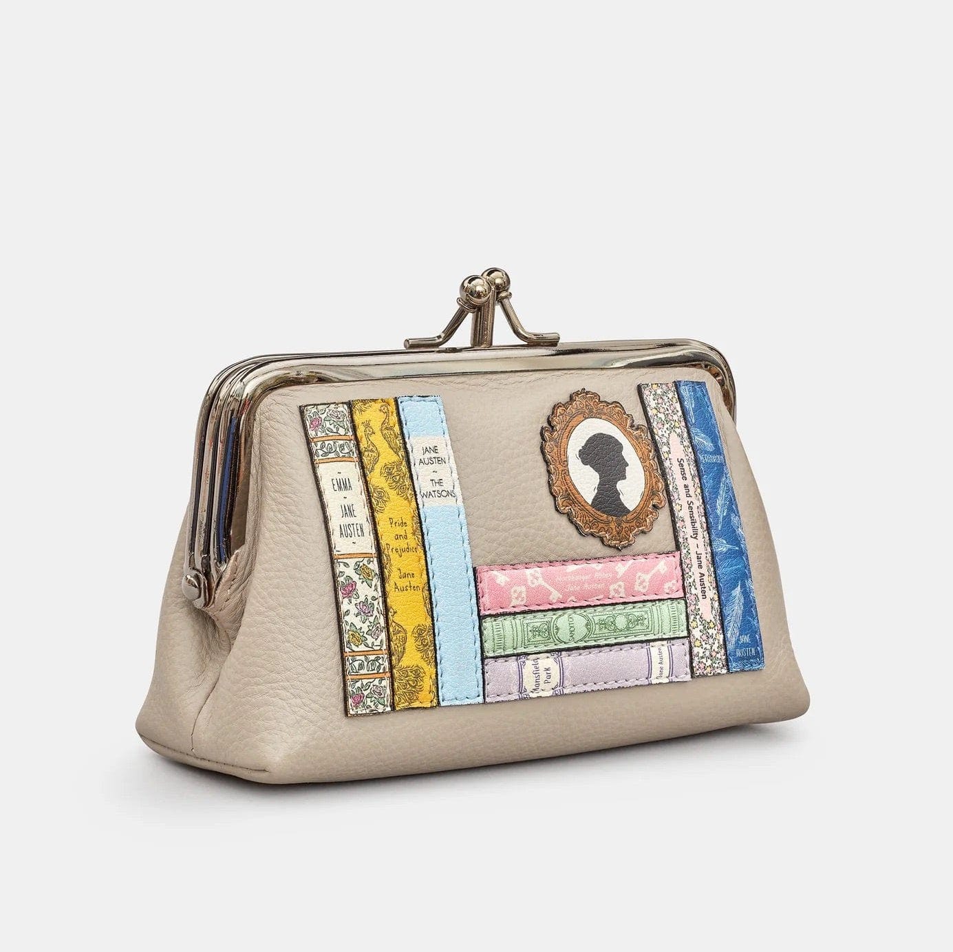 Jane Austen Triple Frame Bookworm Grey Leather Purse BookGeek