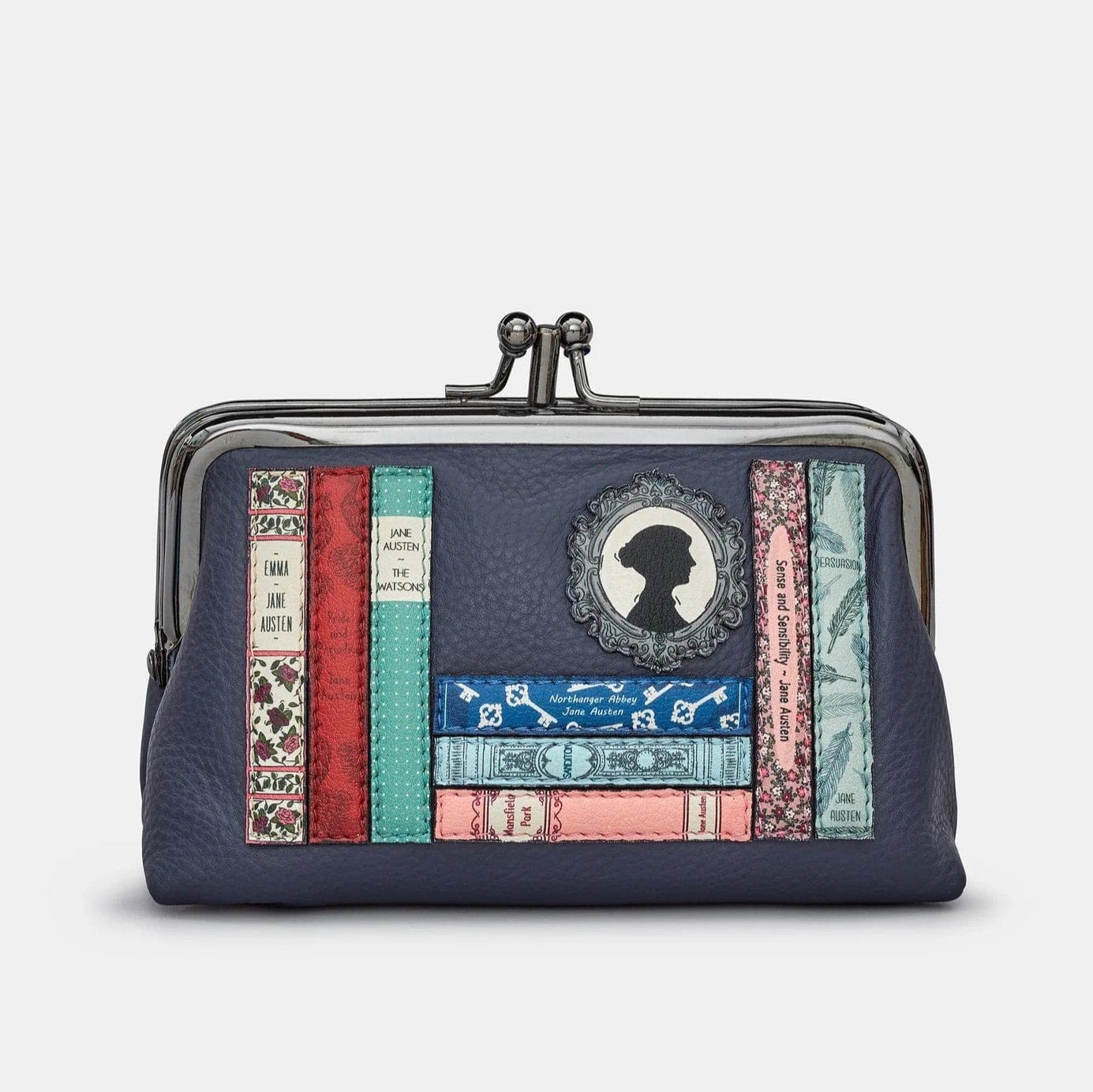 Jane Austen Triple Frame Bookworm Navy Leather Purse BookGeek