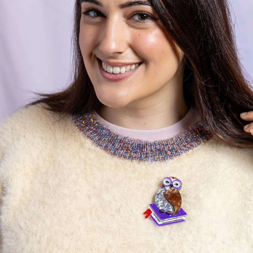 Studious Snow Owl Brooch BookGeek